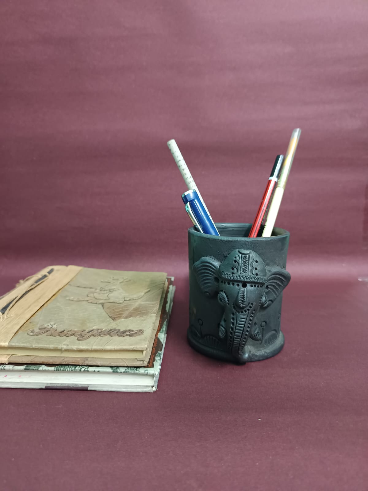 Sawai Madhopur Black Pottery Ganpati Pen cum Cutlery Holder