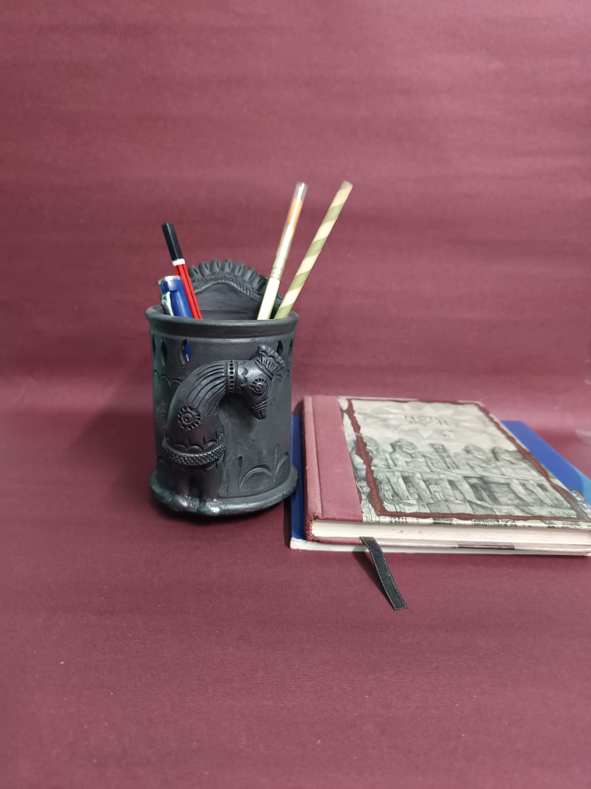 Sawai Madhopur Black Pottery Peacock Pen cum Cutlery Holder