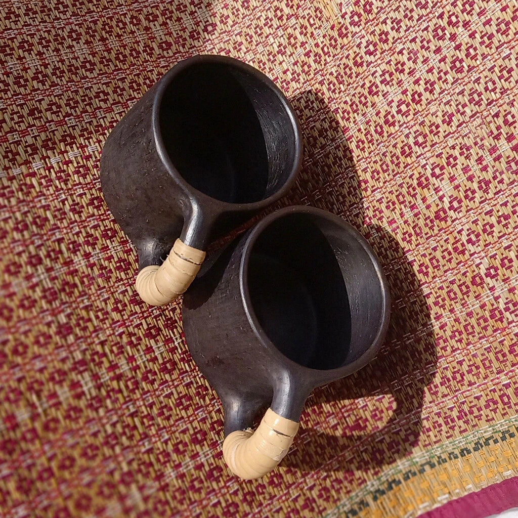 Longpi Black Pottery Coffee Mugs Round Set of 2