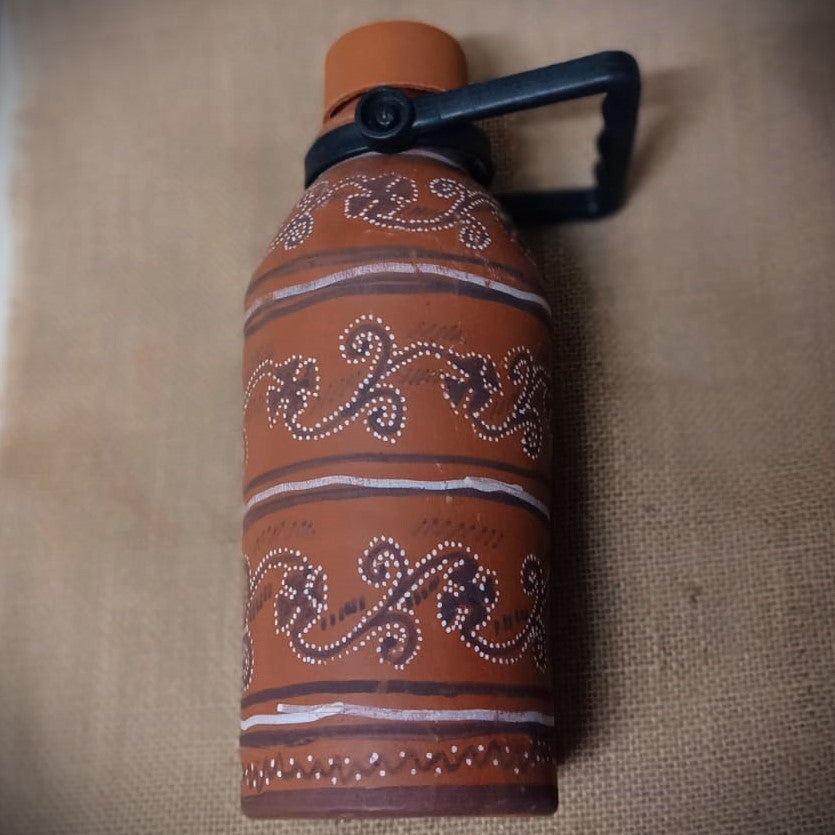 Kutch Painted Pottery Water Bottle with Handle