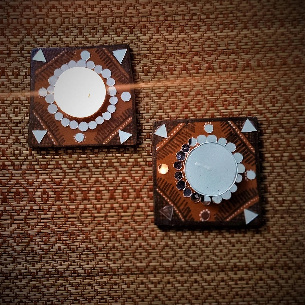 Kutch Pottery Mirror Work Tealight Holders Set of 2