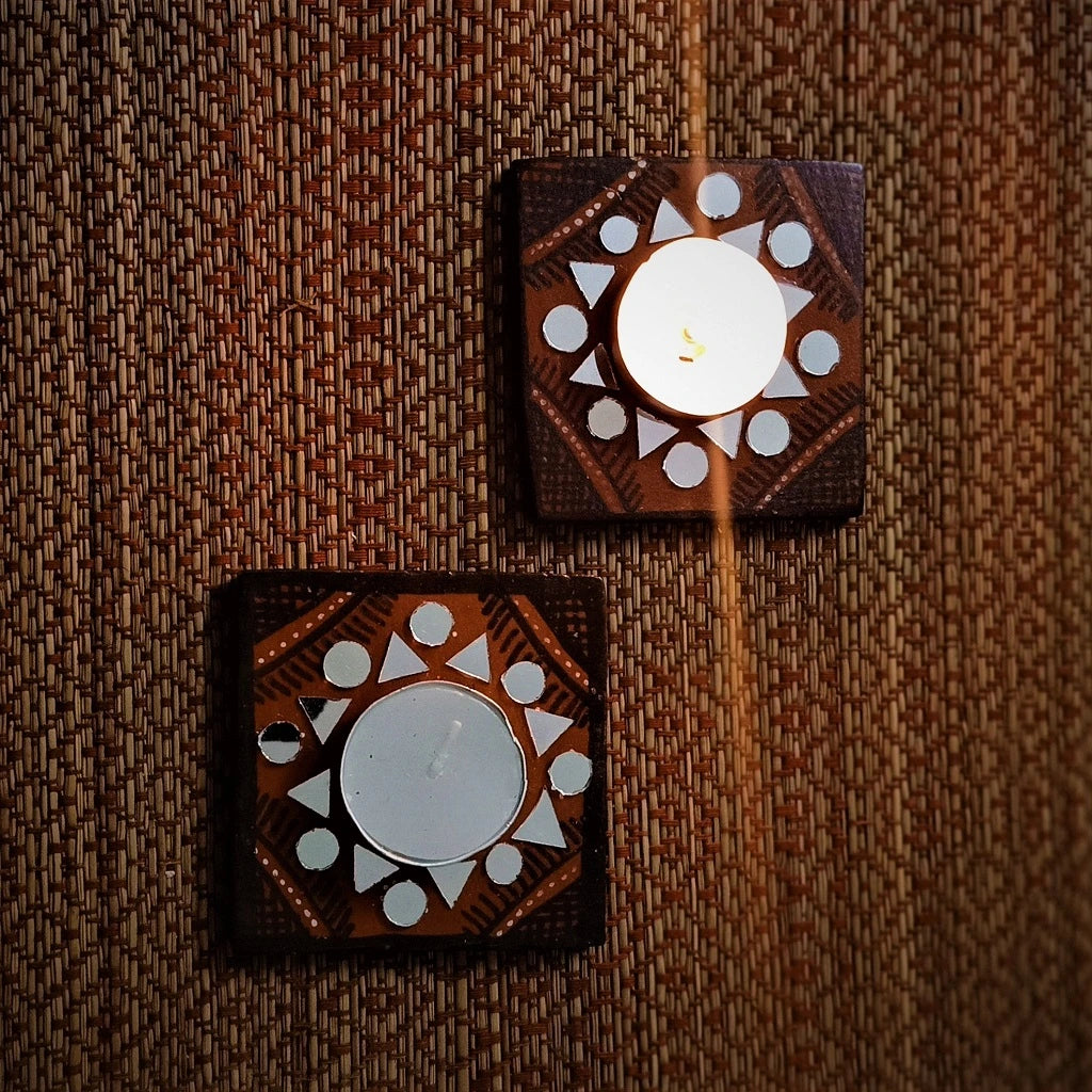 Kutch Pottery Mirror Work Tealight Holders Set of 2