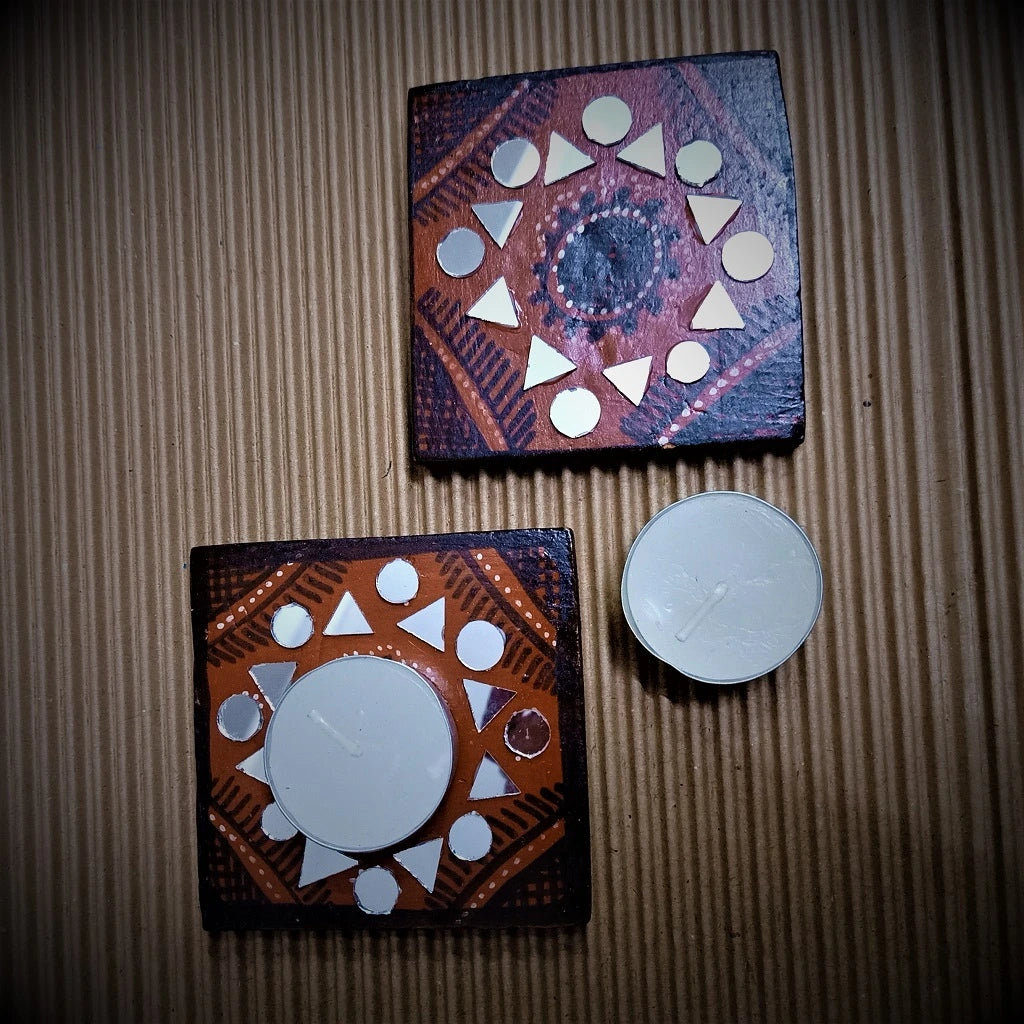 Kutch Pottery Mirror Work Tealight Holders Set of 2