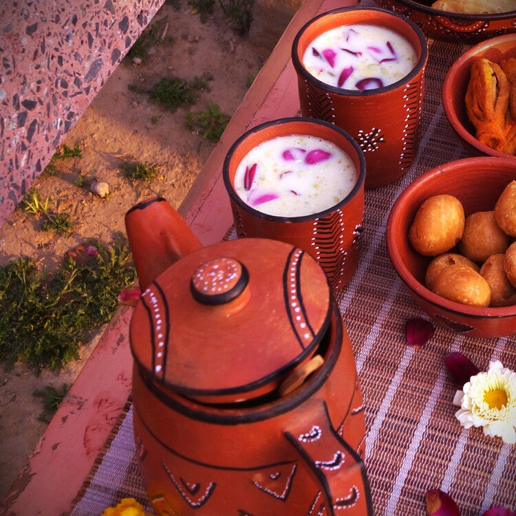 Hand-Painted Kutch Pottery Thandai Set of Pour Jug and Tumblers for 2
