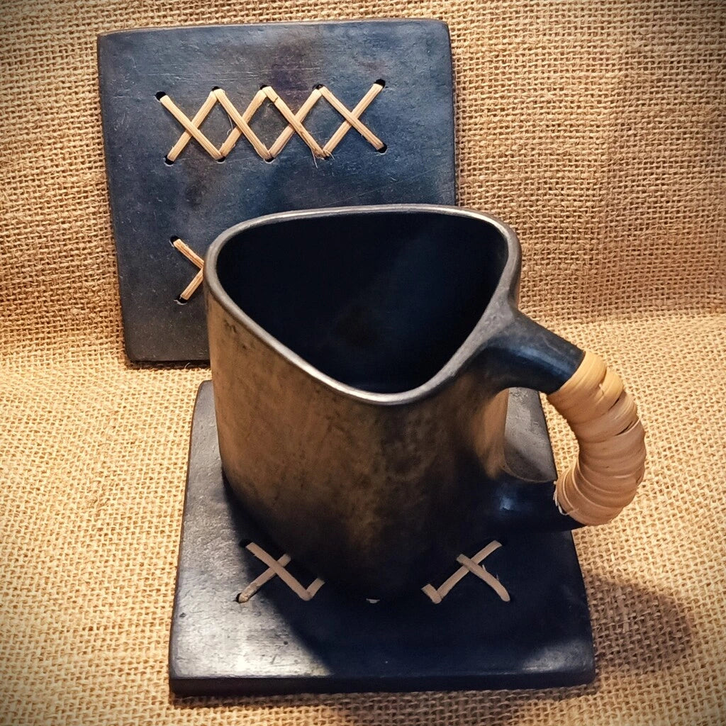 Longpi Black Pottery Trivet and Coaster Set