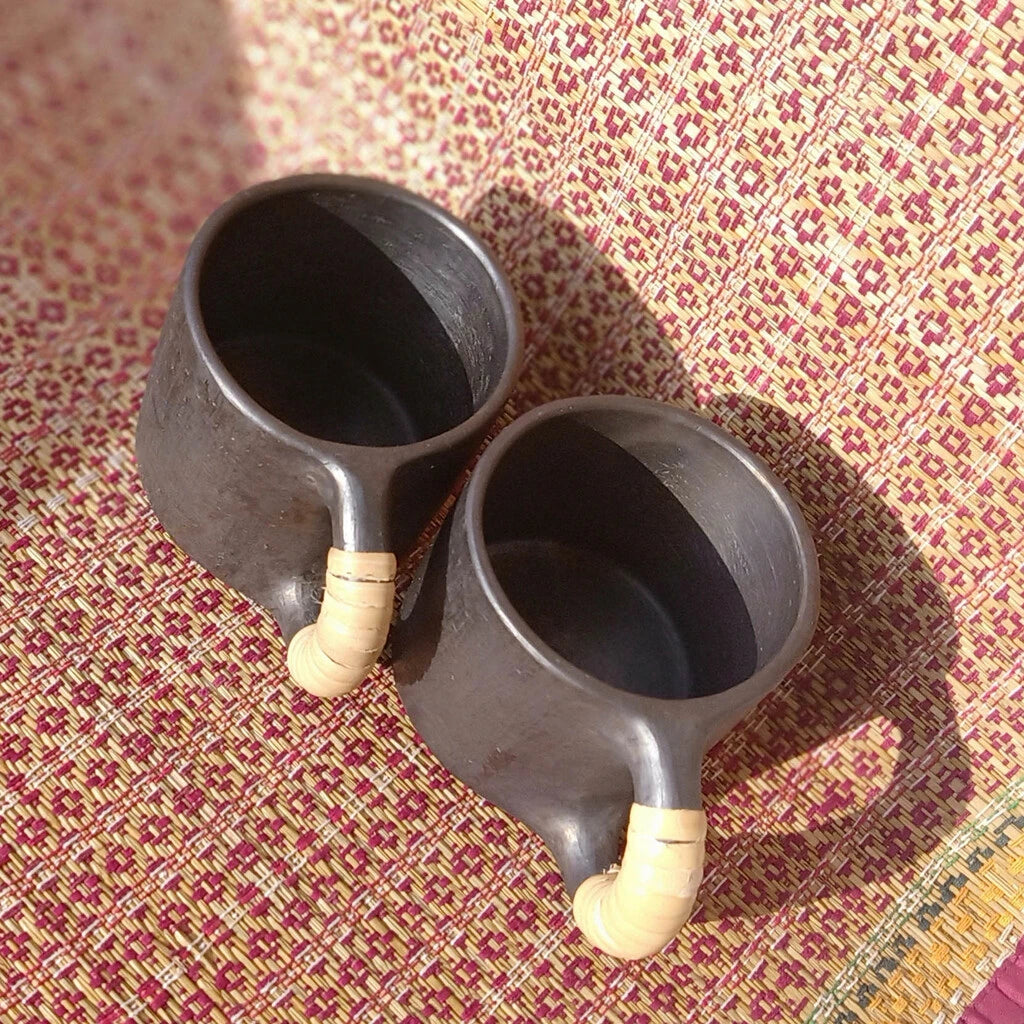 Longpi Black Pottery Coffee Mugs Round Set of 2