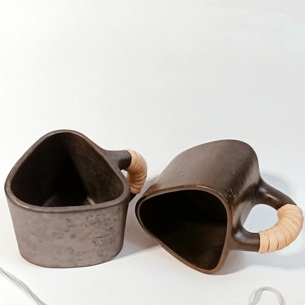 Longpi Black Pottery Trikon Coffee Mugs Set of 2