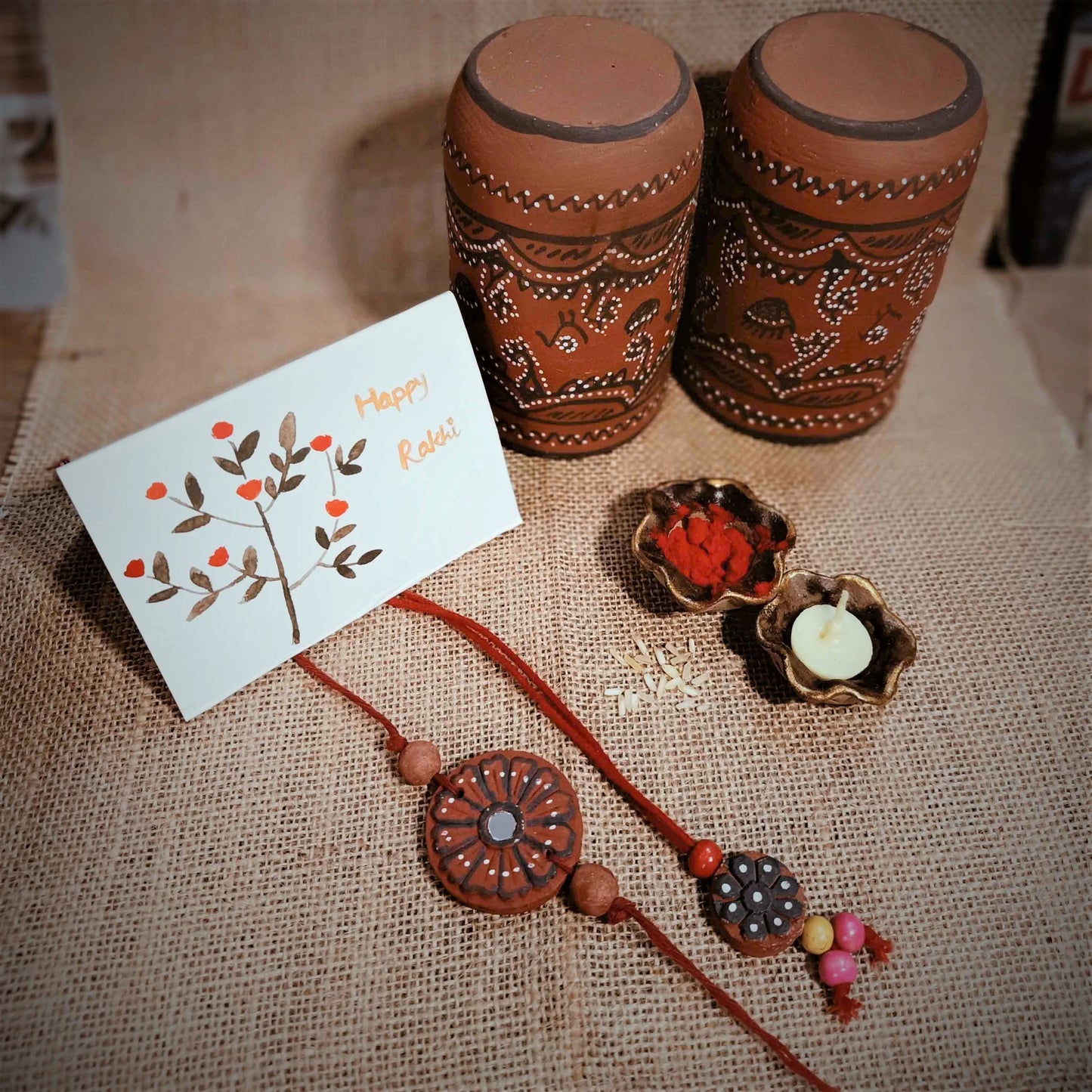 Kutch Painted Pottery Traditional Terracotta Craft Bhai Bhabhi Rakhi & Lumba Festive Gift Hamper