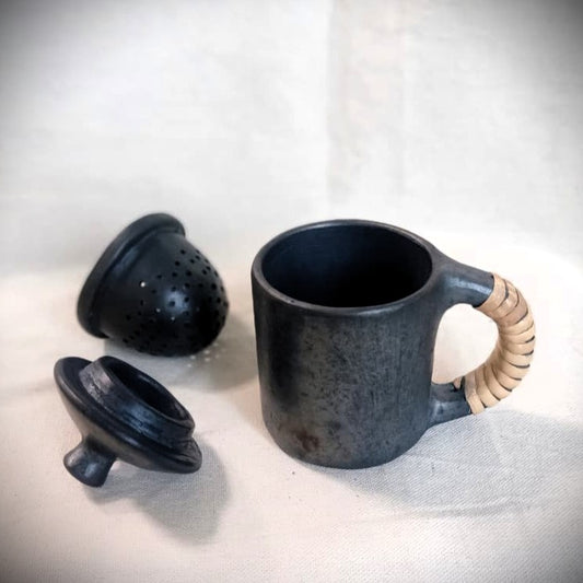 Longpi Black Pottery Green/Infusion Tea Mug with Strainer and Lid SMALL