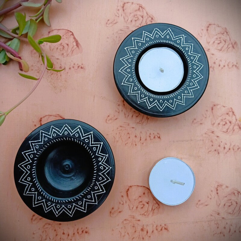 Nizamabad Black Pottery T-Light holder Set of 2