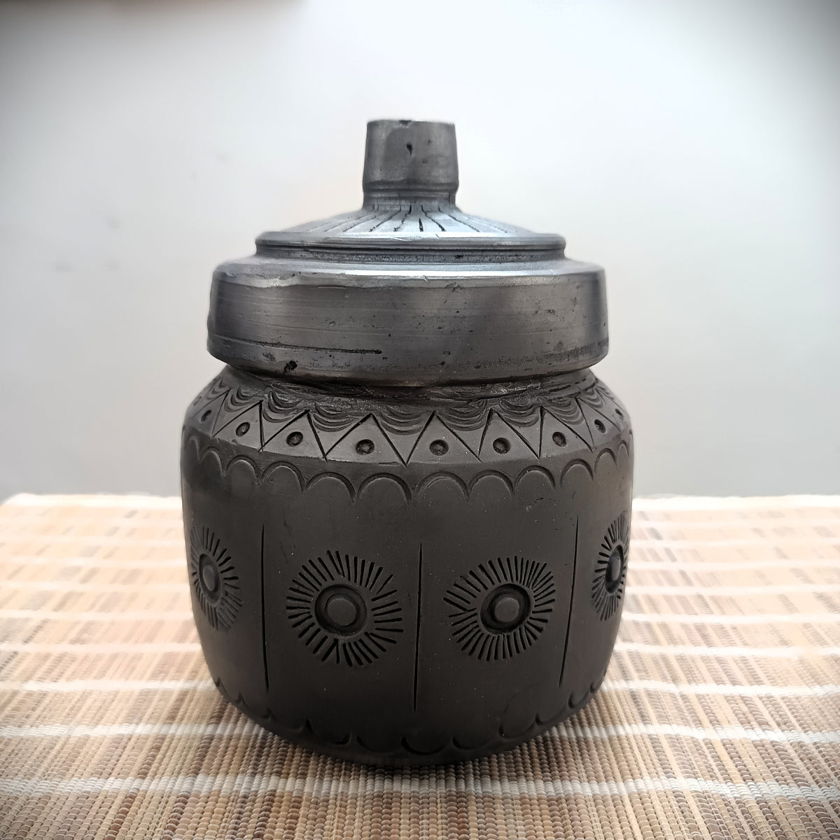 Sawai Madhopur Black Pottery "Barni" Jar with Lid