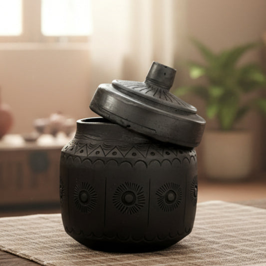 Sawai Madhopur Black Pottery "Barni" Jar with Lid