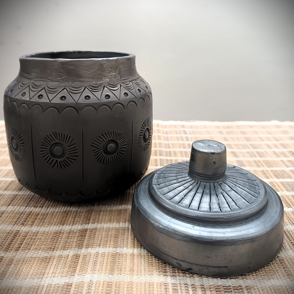 Sawai Madhopur Black Pottery "Barni" Jar with Lid