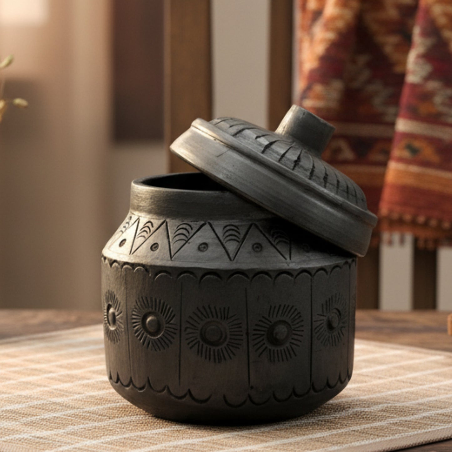 Sawai Madhopur Black Pottery "Barni" Jar with Lid 2