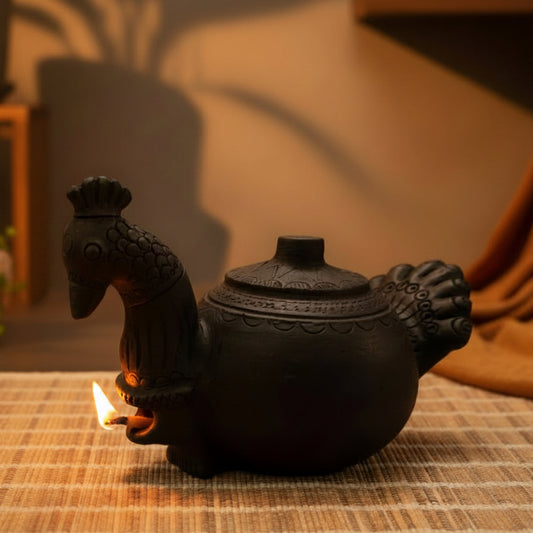 Sawai Madhopur Black Pottery Peacock Magic Diya Lamp 1