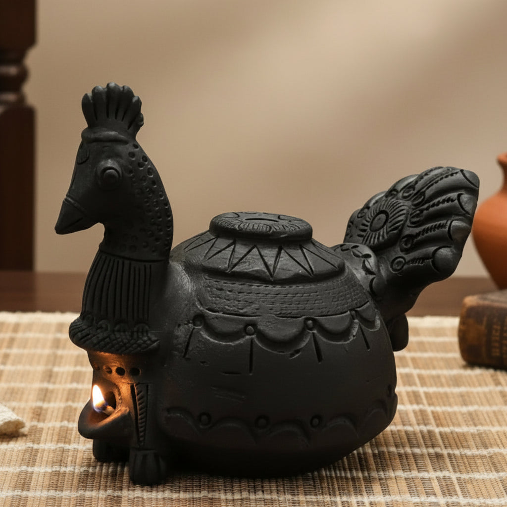 Sawai Madhopur Black Pottery Peacock Magic Diya Lamp 4