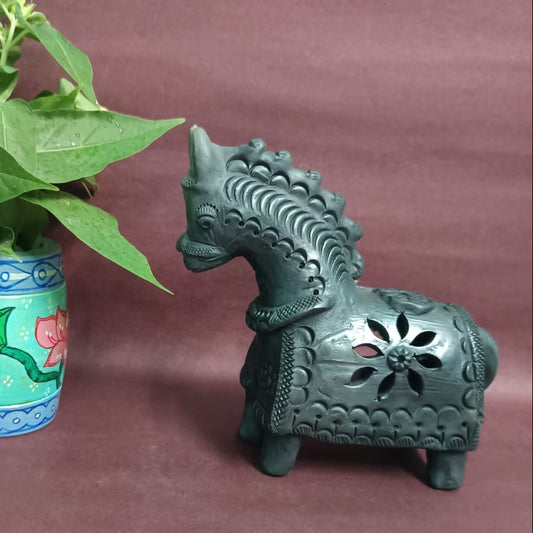 Sawai Madhopur Black Pottery Animal Figurine Horse Lamp