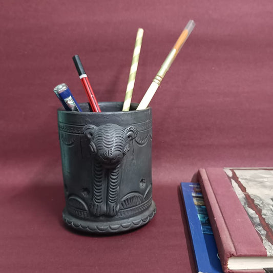 Sawai Madhopur Black Pottery Tiger Face Pen cum Cutlery Holder