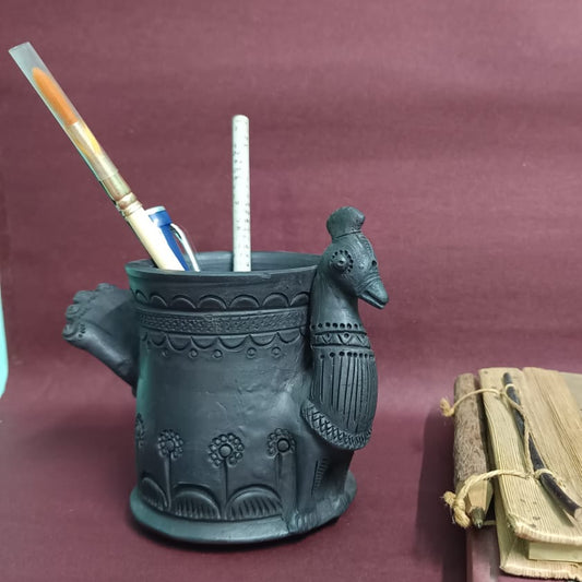 Sawai Madhopur Black Pottery Peacock Pen cum Cutlery Holder