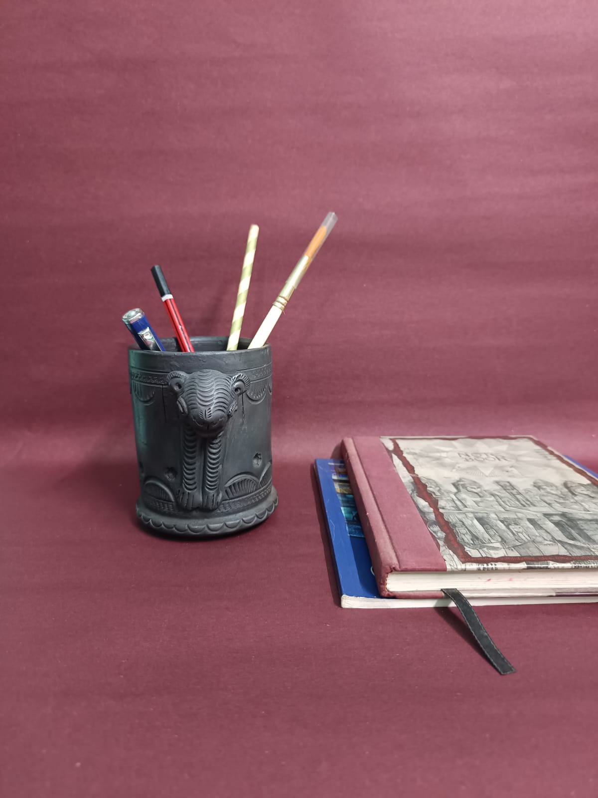 Sawai Madhopur Black Pottery Tiger Face Pen cum Cutlery Holder