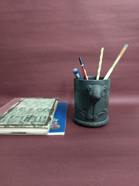 Sawai Madhopur Black Pottery Tiger Face Pen cum Cutlery Holder