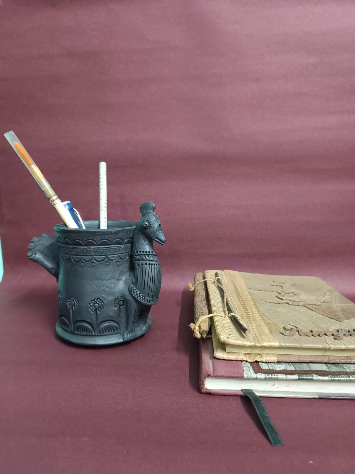 Sawai Madhopur Black Pottery Peacock 1 Pen cum Cutlery Holder