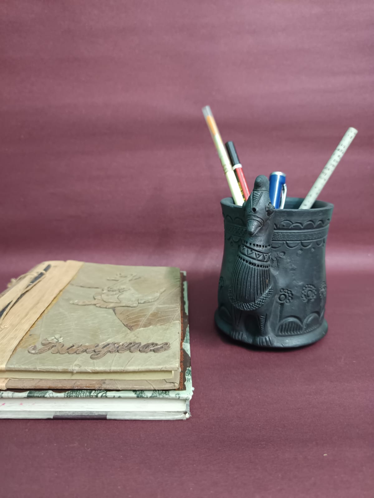 Sawai Madhopur Black Pottery Peacock 1 Pen cum Cutlery Holder