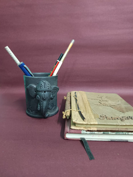 Sawai Madhopur Black Pottery Ganpati Pen cum Cutlery Holder
