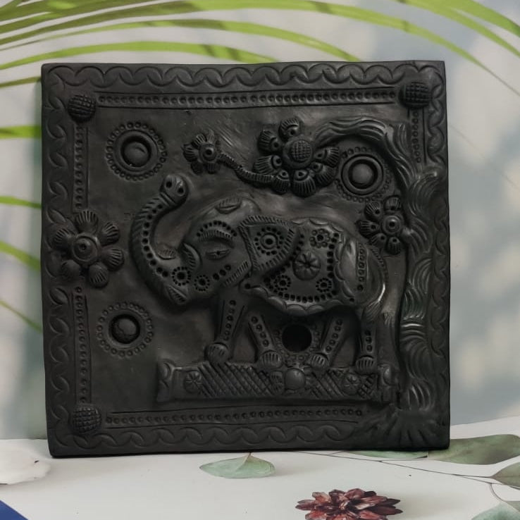 Sawai Madhopur Black Pottery Elephant Tile Art (Large)