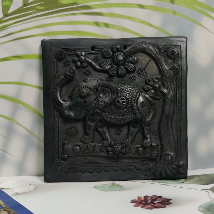 Sawai Madhopur Black Pottery Elephant Tile Art (Large)
