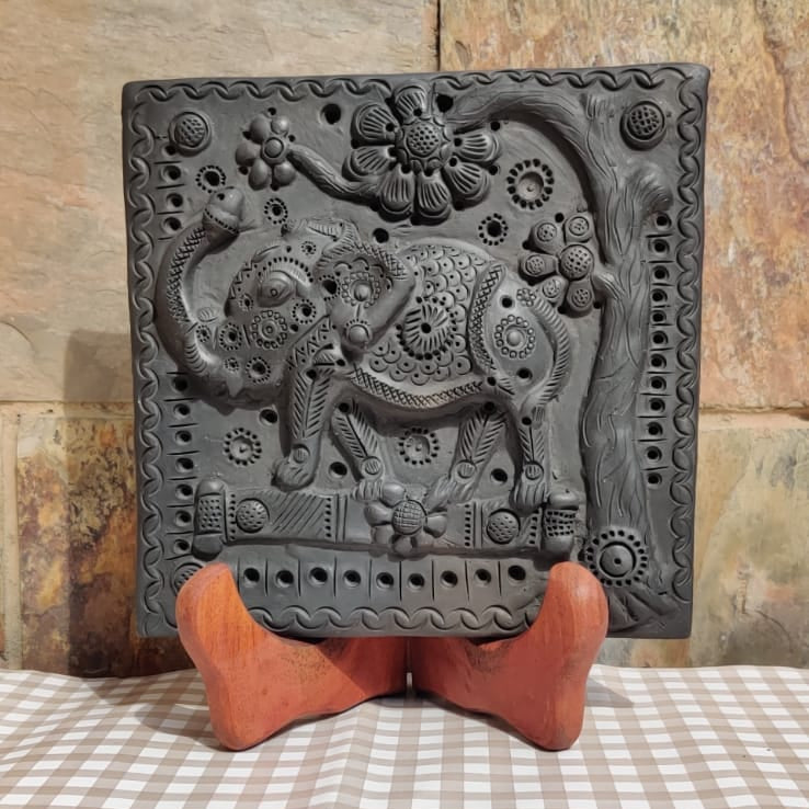 Sawai Madhopur Black Pottery Elephant Tile Art (Large)