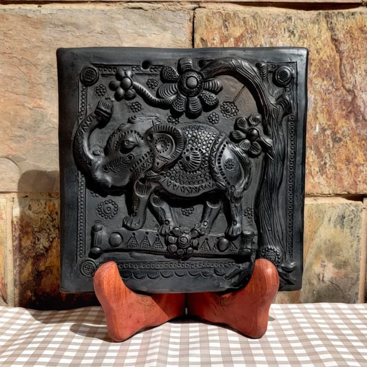 Sawai Madhopur Black Pottery Elephant Tile Art (Large)