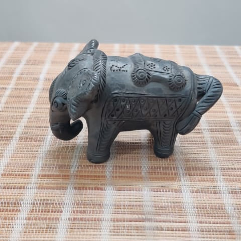 Sawai Madhopur Black Pottery Animal Figurine Standing Elephant Small