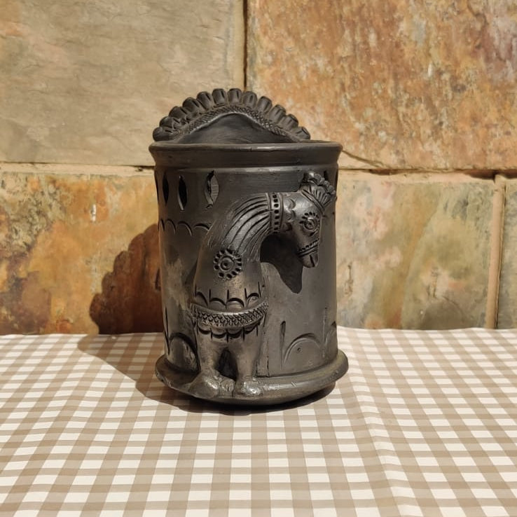 Sawai Madhopur Black Pottery Peacock Pen cum Cutlery Holder