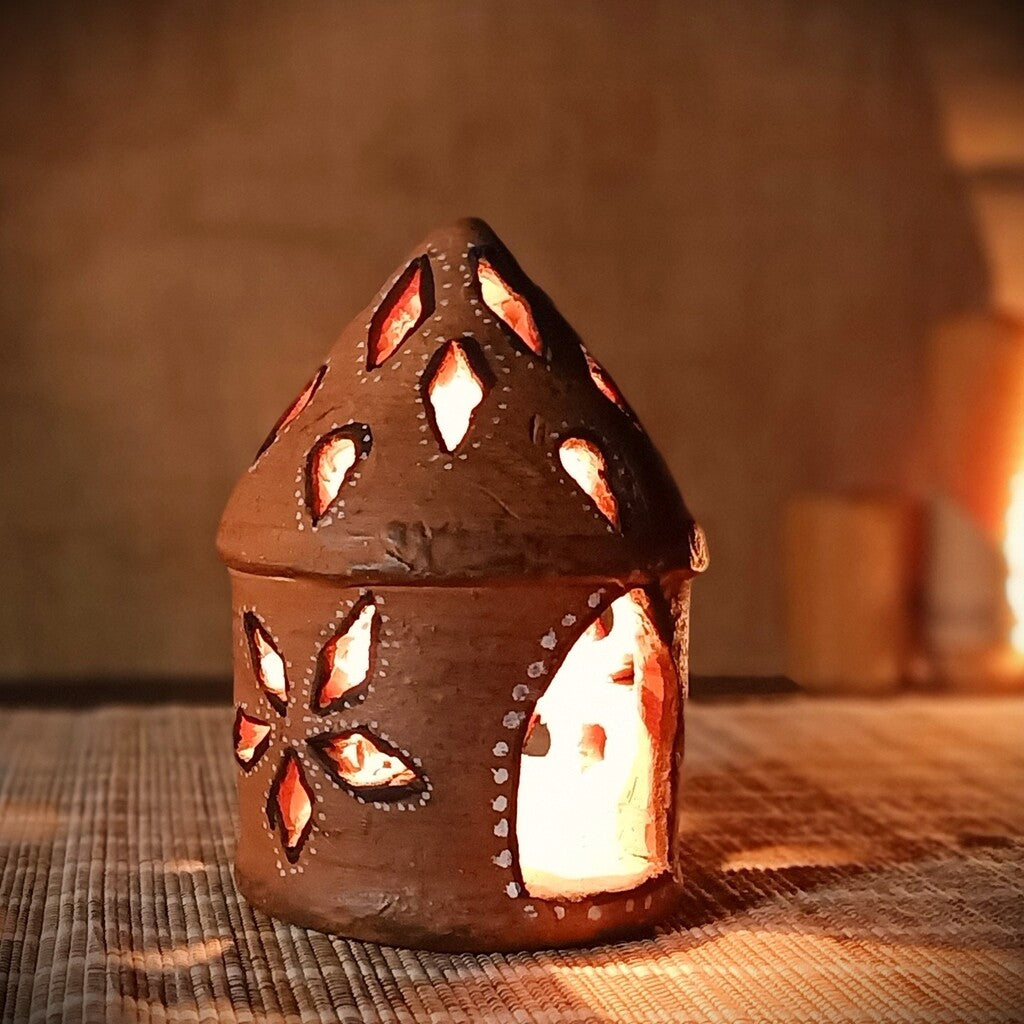 Kutch Hand-Painted Bhunga Tealight/Candle Lamp Red Small