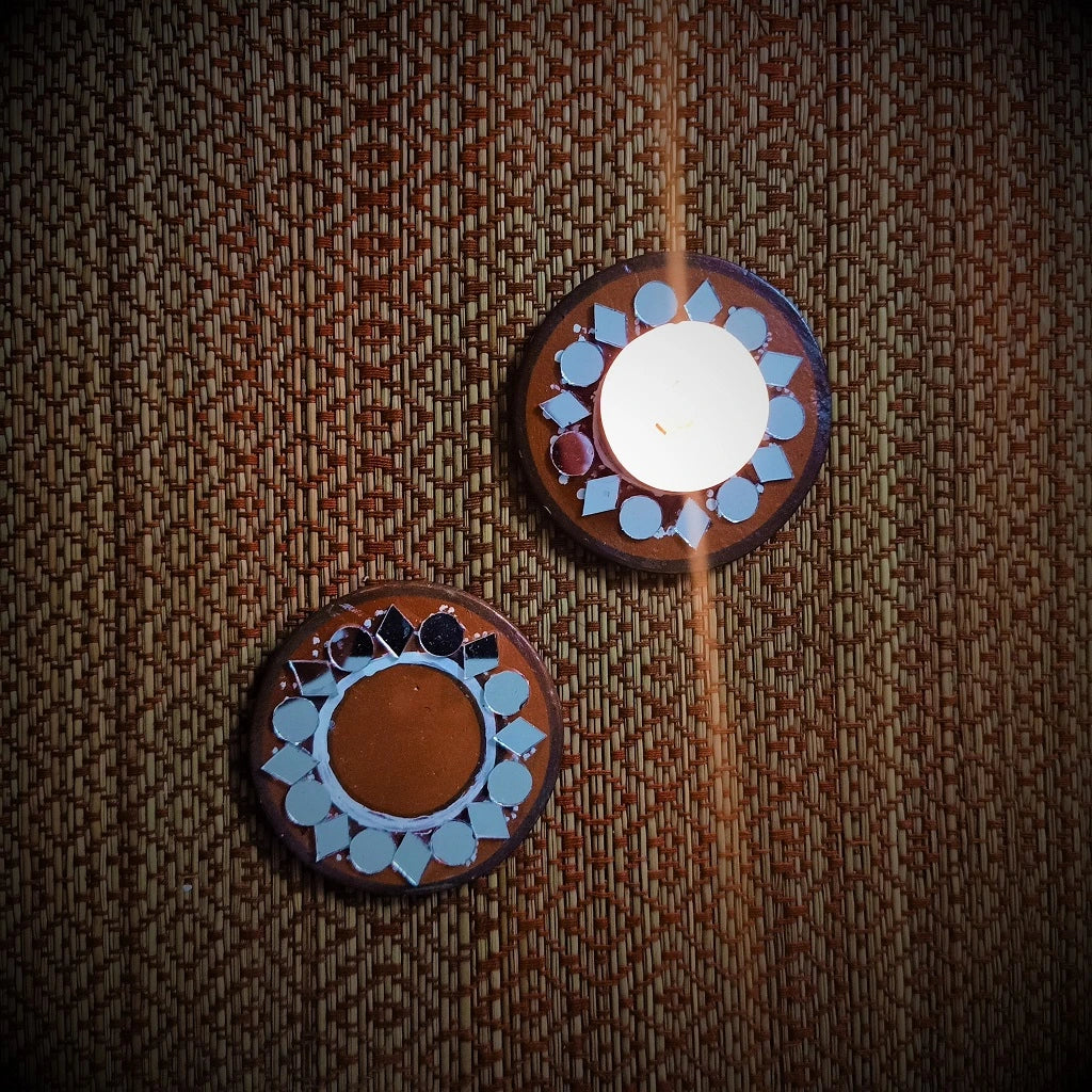 Kutch Pottery Mirror Work Tealight Holders Set of 2