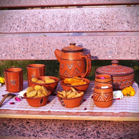 Kutch Painted Pottery Holi Serving Set With Casserole, Jug, Tumblers, Bowls and Gulal Holders