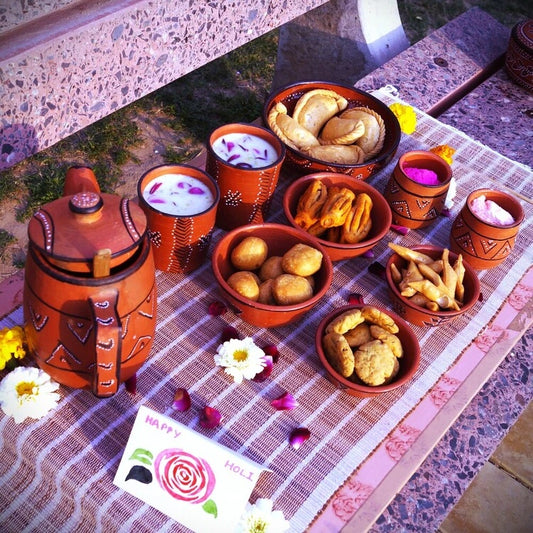 Kutch Painted Pottery Holi Serving Set With Large Glazed Bowl, Jug, Tumblers, Bowls and Gulal Holders