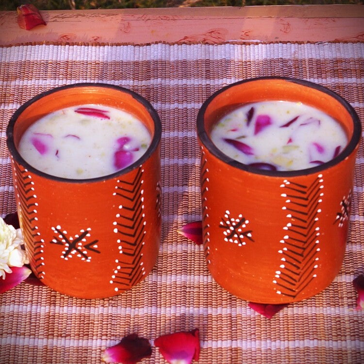 Hand-Painted Kutch Pottery Thandai Set of Pour Jug and Tumblers for 2