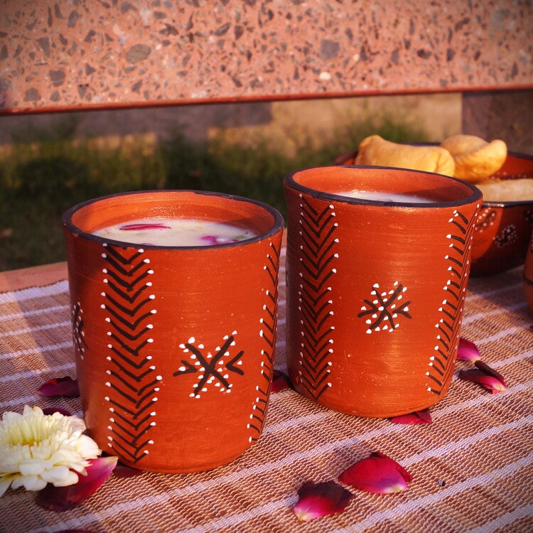 Hand-Painted Kutch Pottery Thandai Set of 6 Tumblers