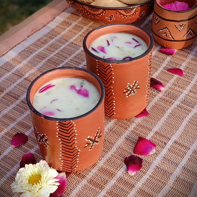 Hand-Painted Kutch Pottery Thandai Set of Pour Jug and Tumblers for 2