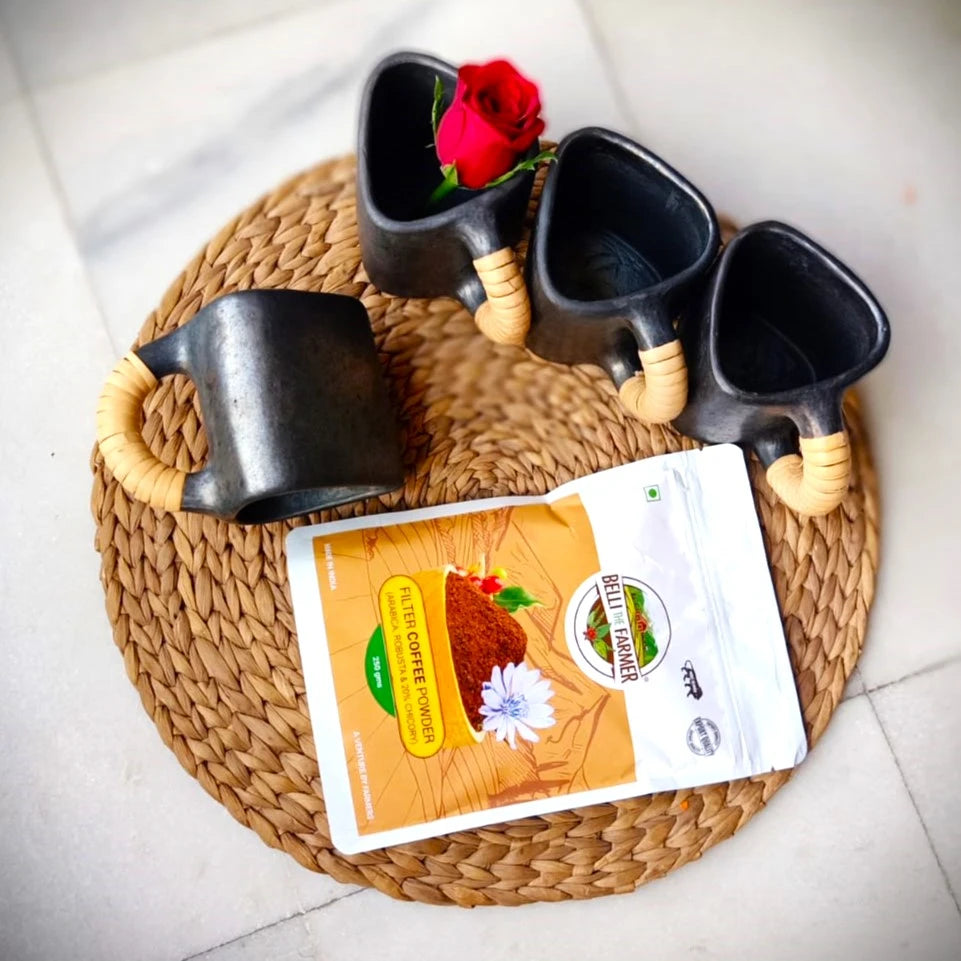 Longpi Black Pottery Coffee Mugs Large Gift Set of 4 Mugs & Filter Coffee