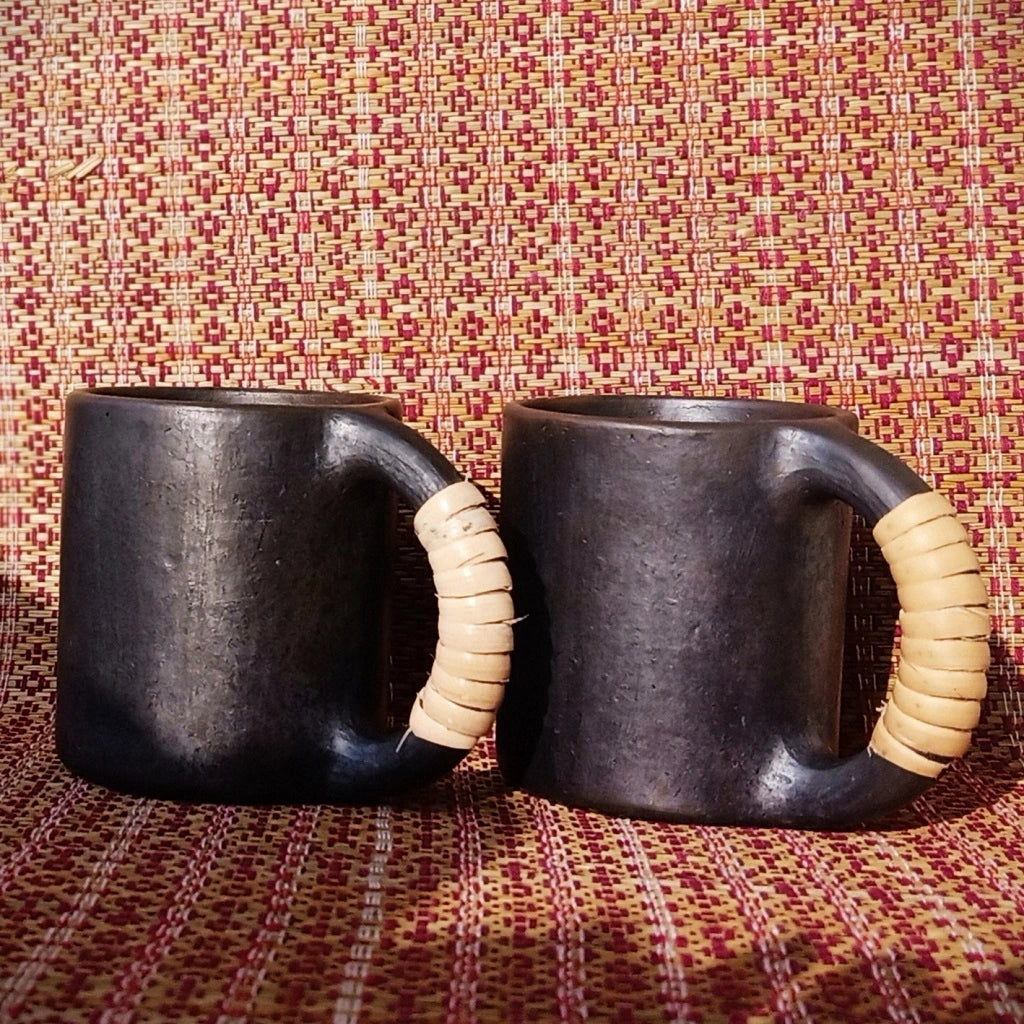 Longpi Black Pottery Coffee Mugs Round Set of 2