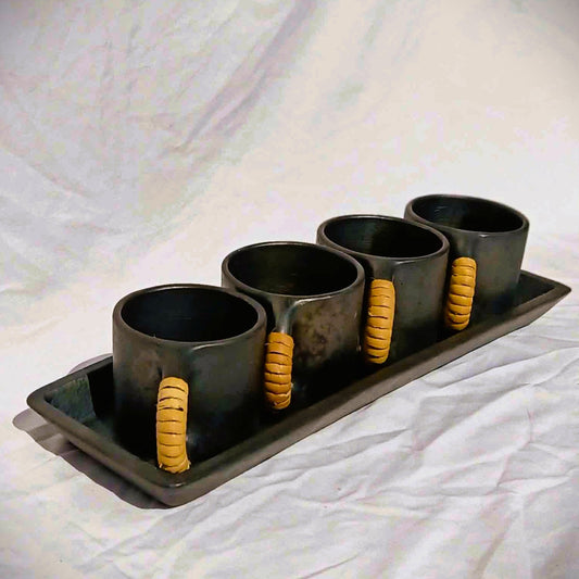 Longpi Black Pottery Coffee-Mugs & Tray Set