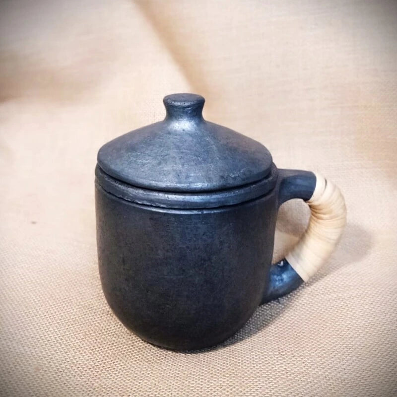 Longpi Black Pottery Green/Infusion Tea Mug with Strainer and Lid