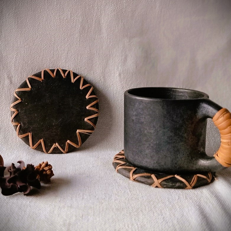 Longpi Black Pottery Coasters Round Set of 2