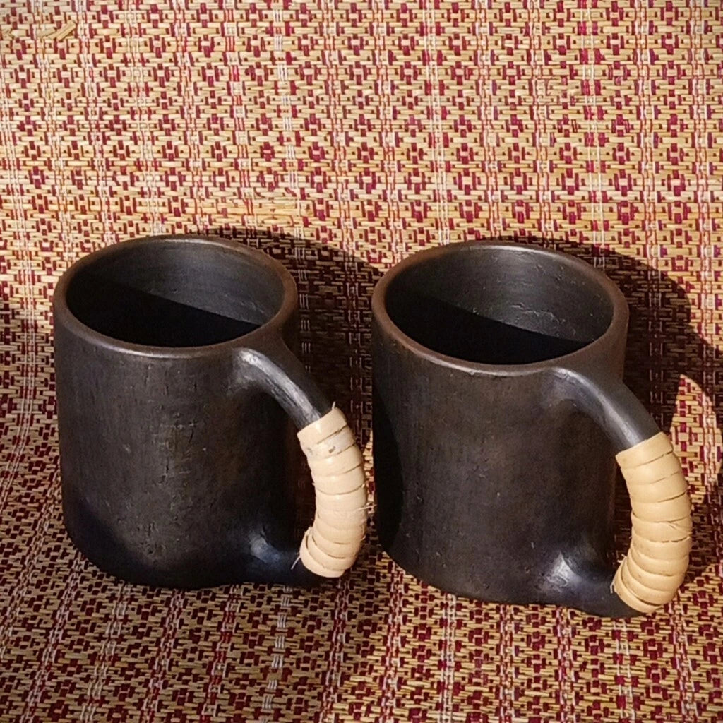 Longpi Black Pottery Coffee Mugs Round Set of 2