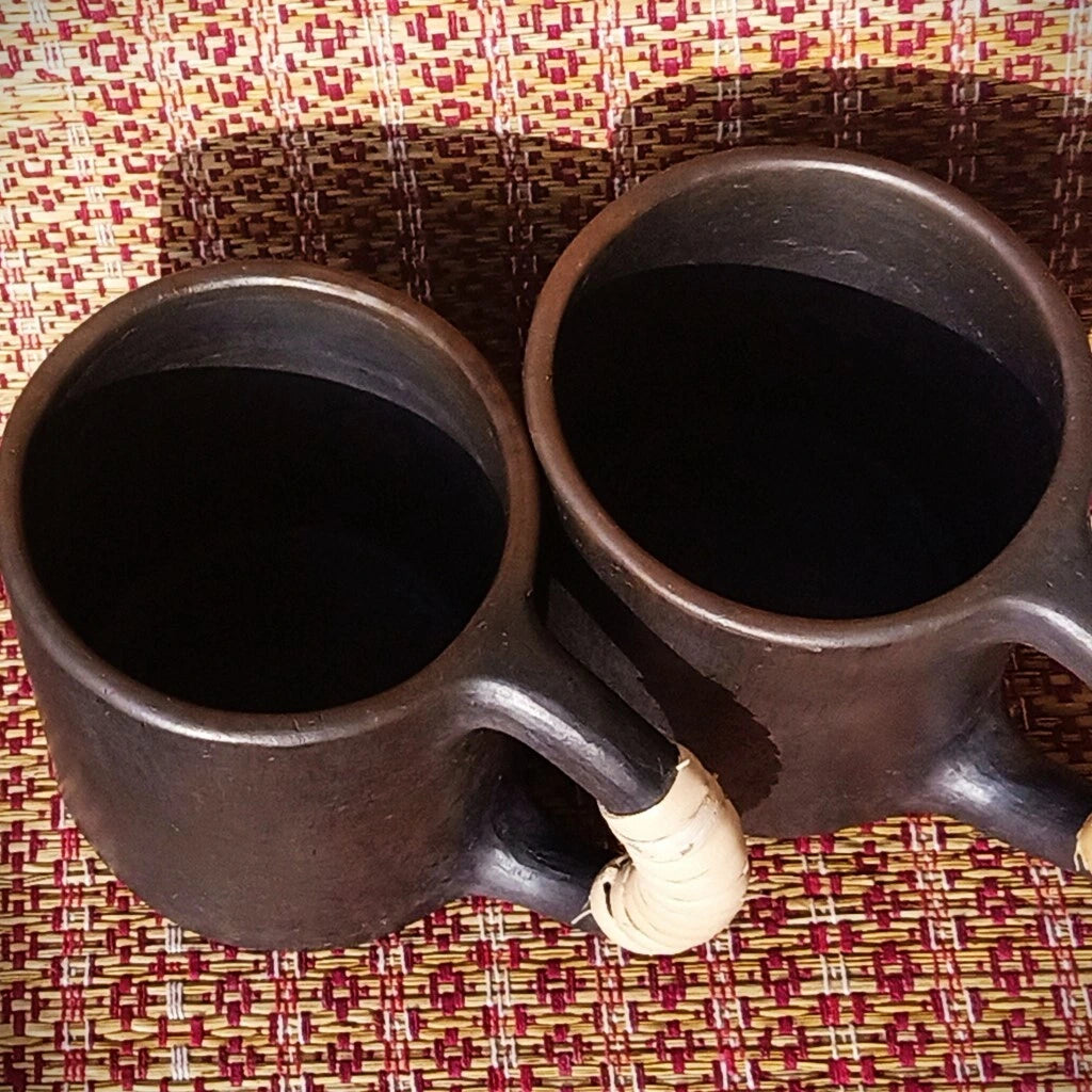 Longpi Black Pottery Coffee Mugs Round Set of 2