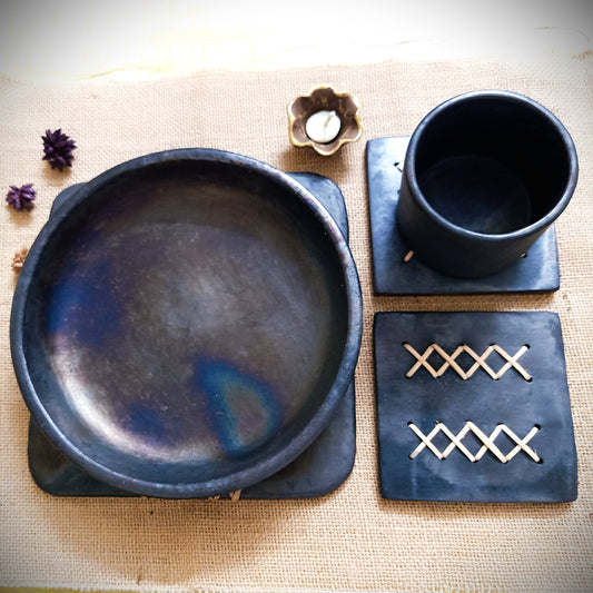 Longpi Black Pottery Trivet and Coaster Set