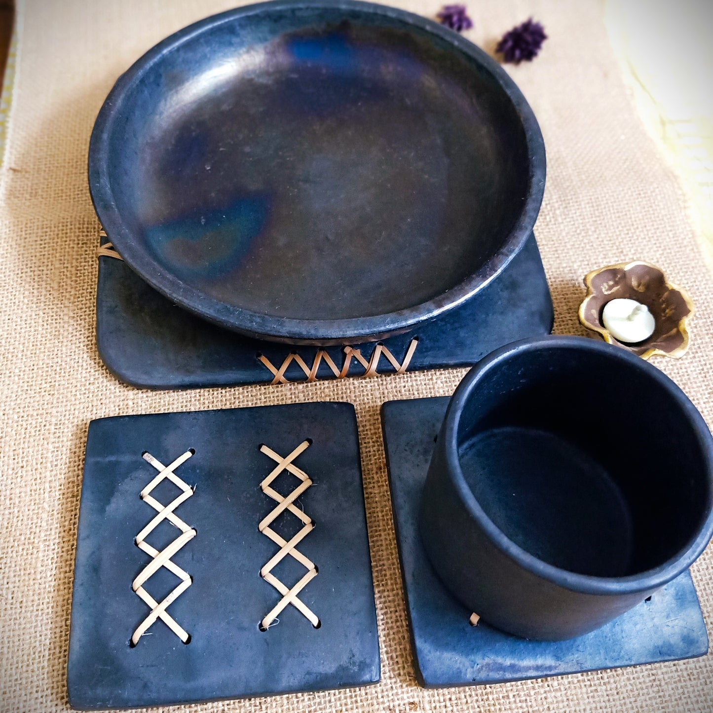 Longpi Black Pottery Trivet and Coaster Set